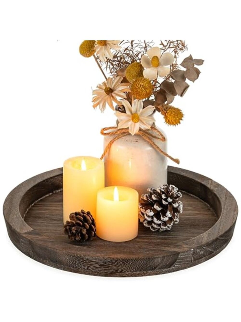 Wooden Tray for Coffee Table: Candle Holder Plate Round Decorative Serving Tray